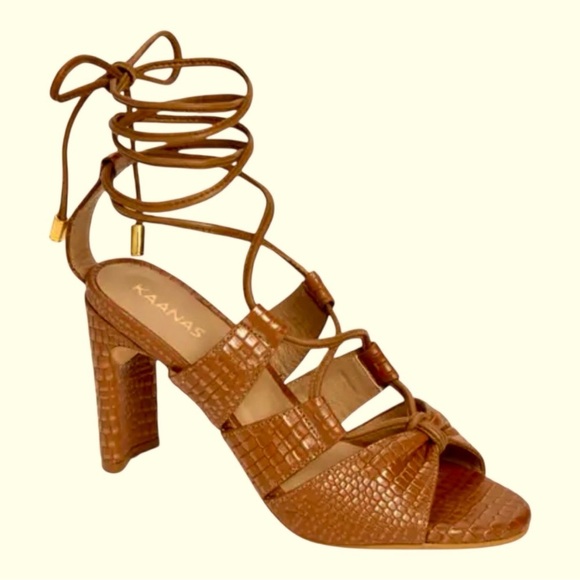 KAANAS Brown and Gold Leather Embossed Leather Zaria Cage Sandal size 10 - Picture 2 of 11
